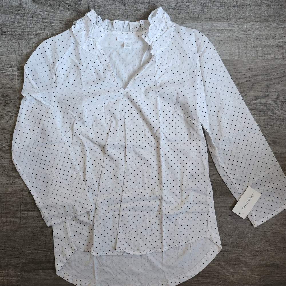 ✨NEW✨ Charter Club Women's White Blouse with Black Dots